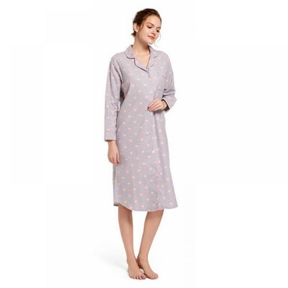 Long Sleeve Night Gown Pajama Dress with Pink Hearts perfect for Post Partum - Picture 3 of 11